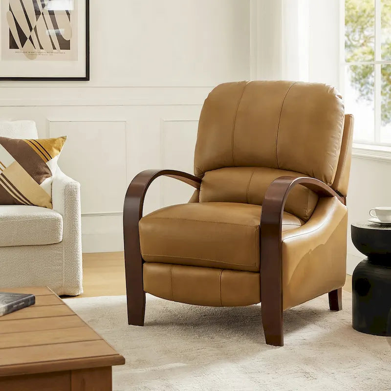 Alex Mid-Century Modern Zigarren-Sessel aus echtem Leder mit manueller Relaxfunktion und geschwungenen Holzarmlehnen