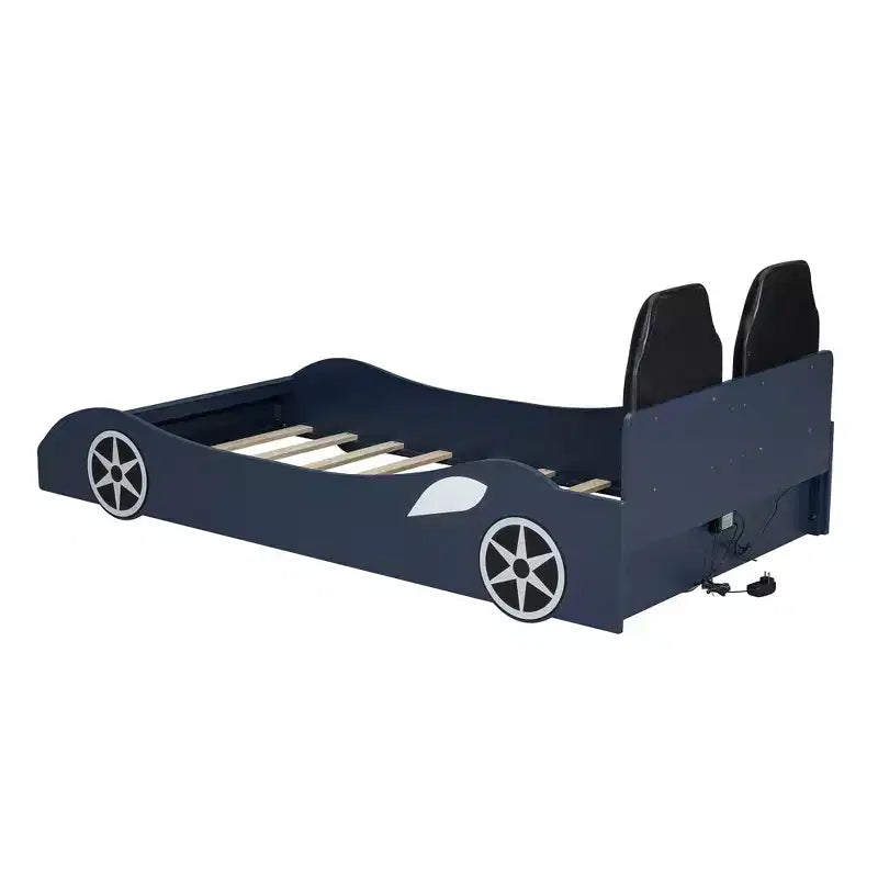 Whisen Wood Plattformbett in Rennwagen-Form, Twin-Größe, mit LED-Beleuchtung und gepolsterter Rückenlehne