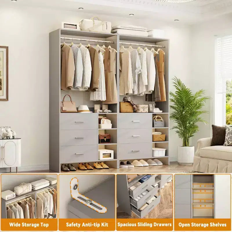 Besiost 4er-Set Kleiderschrank-Organizer mit Holzschubladen und Kleiderstangen