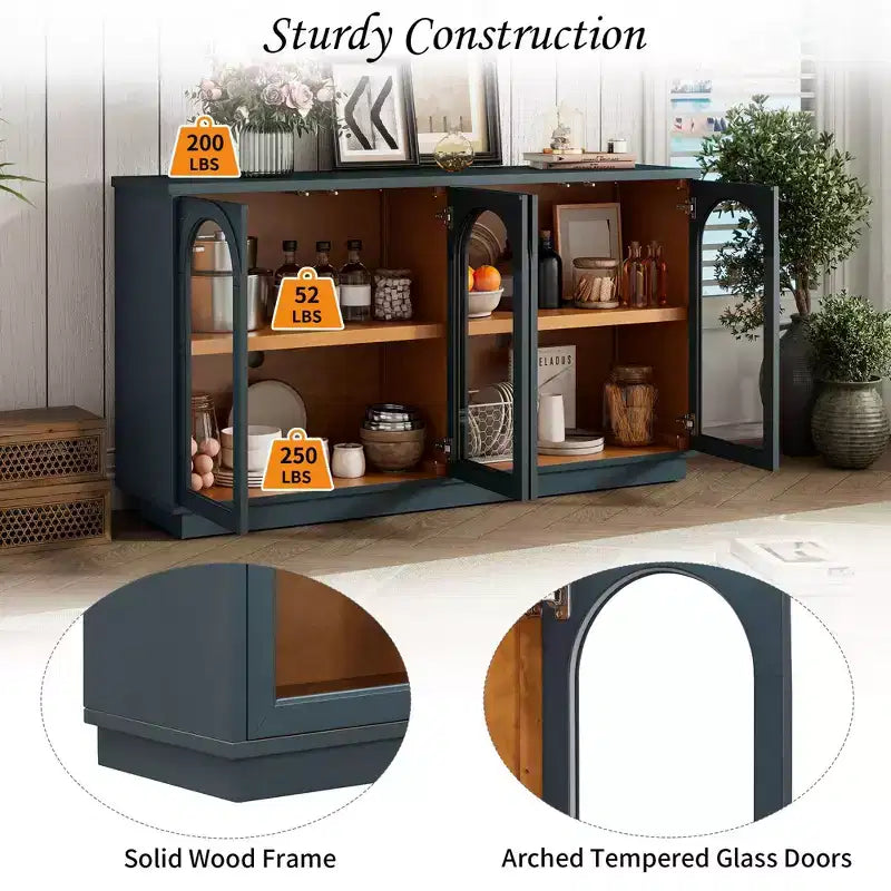 Großes 4-türiges Sideboard mit Glastüren, gewölbtes Sideboard mit verstellbaren Einlegeböden für die Küche