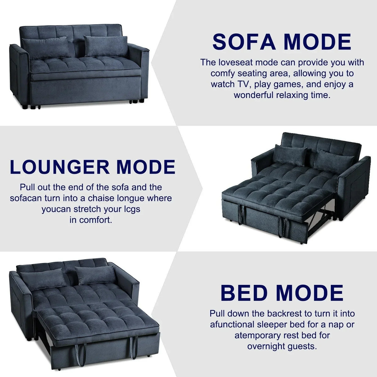 Modernes Schlafsofa zum Ausziehen, 3-in-1 Schlafsofa mit verstellbarer Rückenlehne, Samt-Zweisitzer, Kissen & Seitentaschen