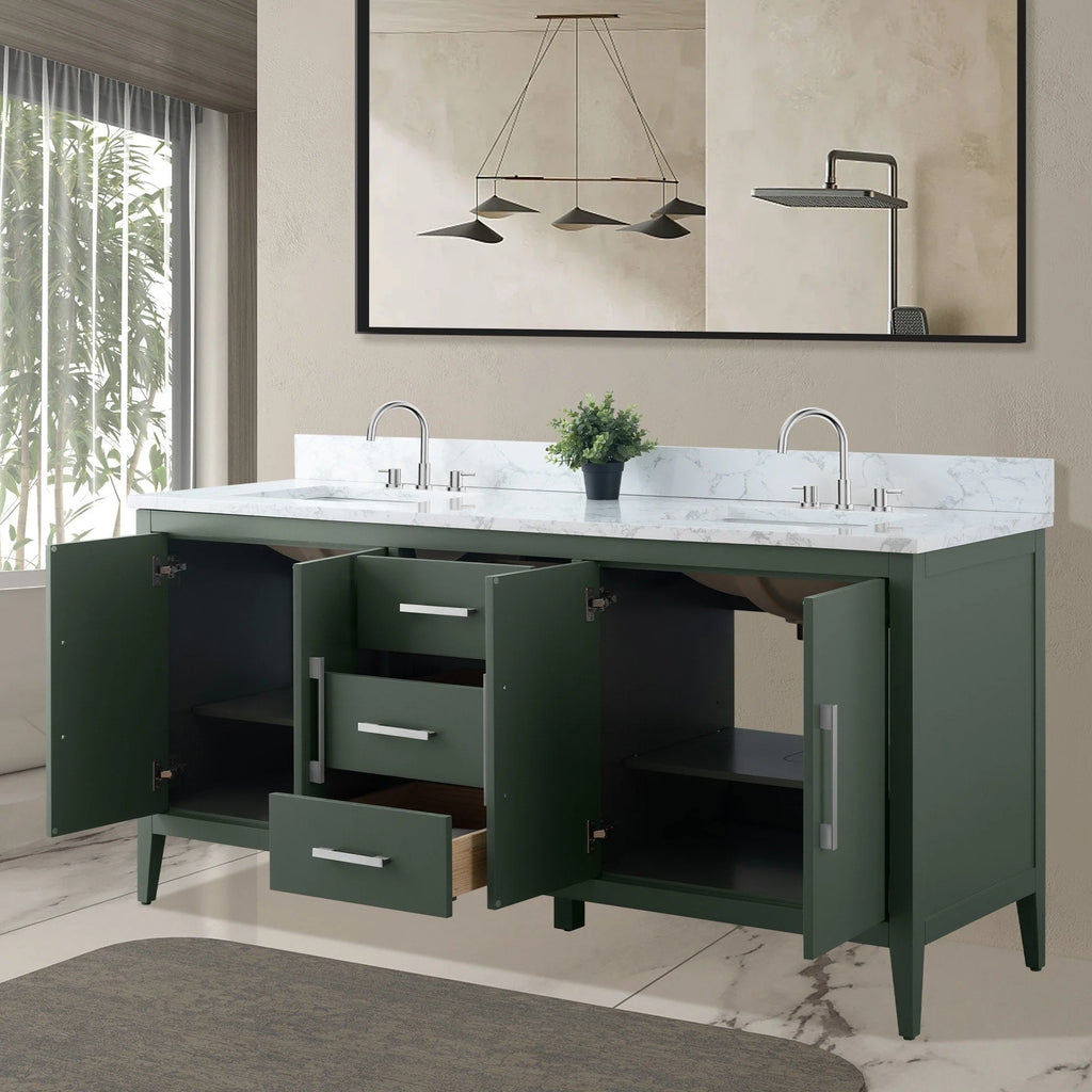 Vanity Art 72 Zoll Badezimmer-Waschtischunterschrank mit Doppelwaschbecken und Kunstmarmorplatte