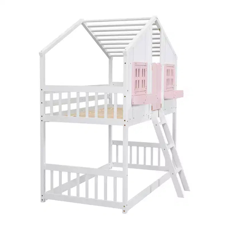 Doppel-Loftbett in Hausform, Holzspielhaus-Loftbett mit Leiter und Schutzgittern für Kinder