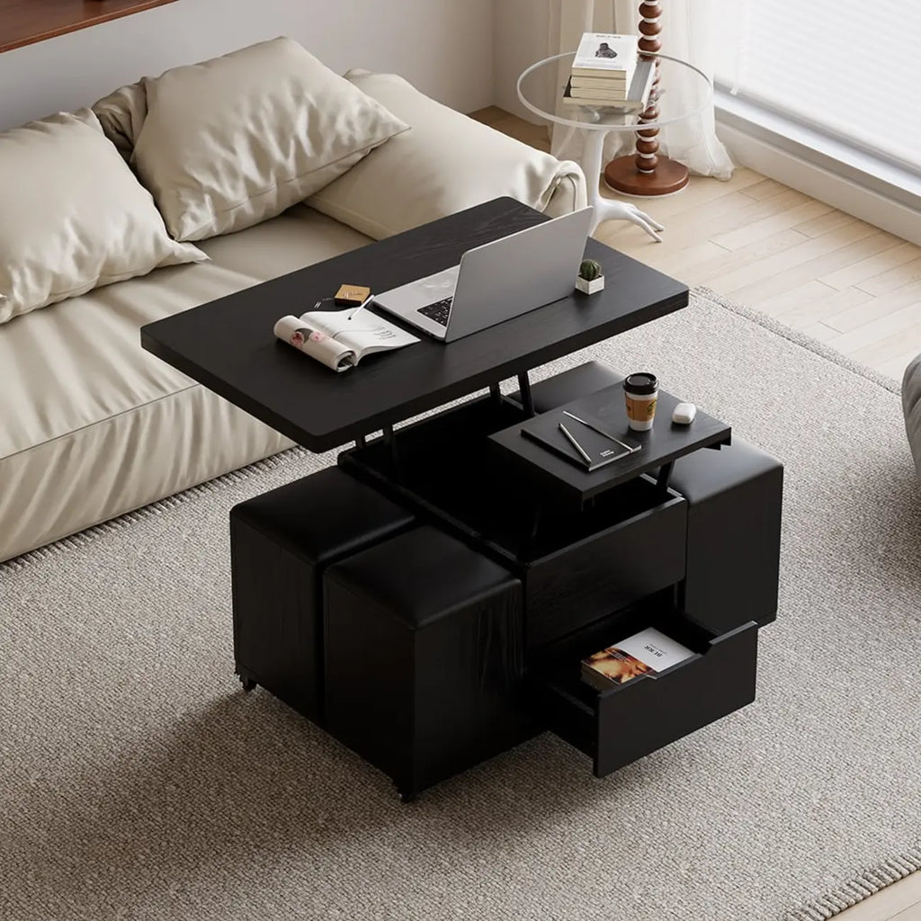 Klappbarer Couchtisch mit Liftfunktion, 4 Hockern und Stauraum