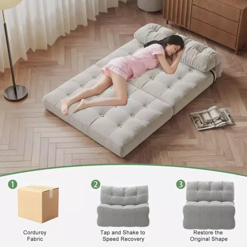 Klappbares Cord-Schlafsofa Futon, wandelbarer Bodenschlafsessel mit Kissen & Rückenlehne