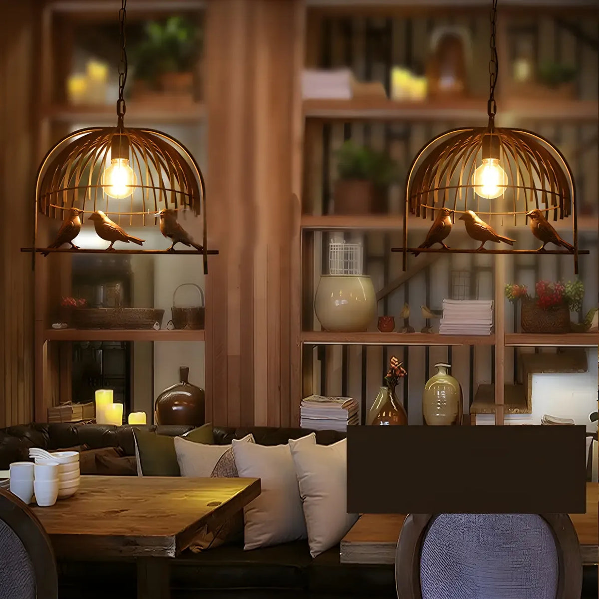 Pendelleuchte im Industriedesign mit Vogelkäfig für die Küche