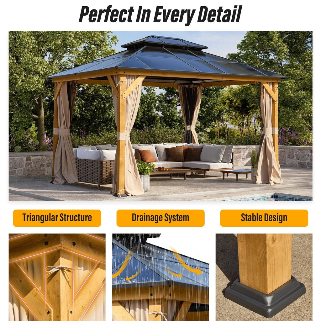 EROMMY Hardtop-Pavillon, Outdoor-Pergola mit Doppeldach & Netzen & Vorhängen, Hochleistungs-Canopy für Terrasse, Garten, Poolparty