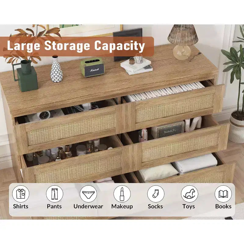 Rattan-Kommode für Schlafzimmer mit 6 Schubladen, 47" moderne Farmhouse breite Kommode, Holz-Aufbewahrungsschrank-Organizer für Kleiderschrank, Wohnzimmer, Flur