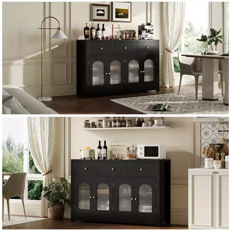 55 Zoll großer Vorratsschrank, schmales Buffet-Sideboard mit 3 Schubladen und 4 Türen für Küche, Esszimmer, Wohnzimmer
