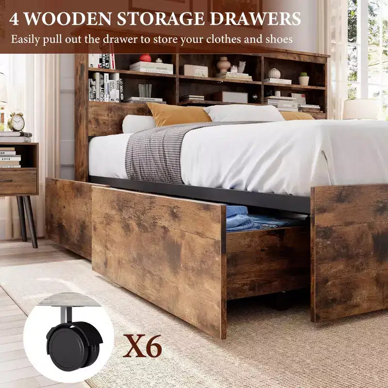 Doppelbettgestell mit Stauraum-Kopfteil, Holzbettrahmen mit 4 Schubladen, Stauraum-Bücherregal & King-Size-Plattformbett mit starker Metallunterstützung