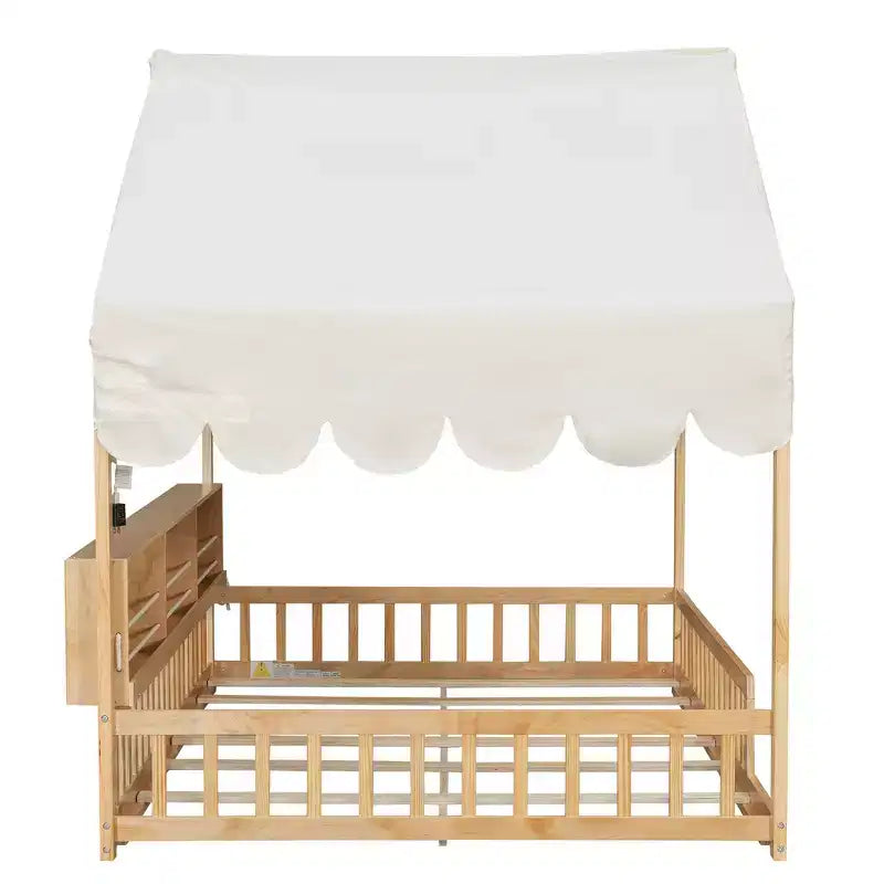 Whisen Vollholz-Bettgestell, Hausbett mit Zaun, 3 Aufbewahrungsregale, Vorhang