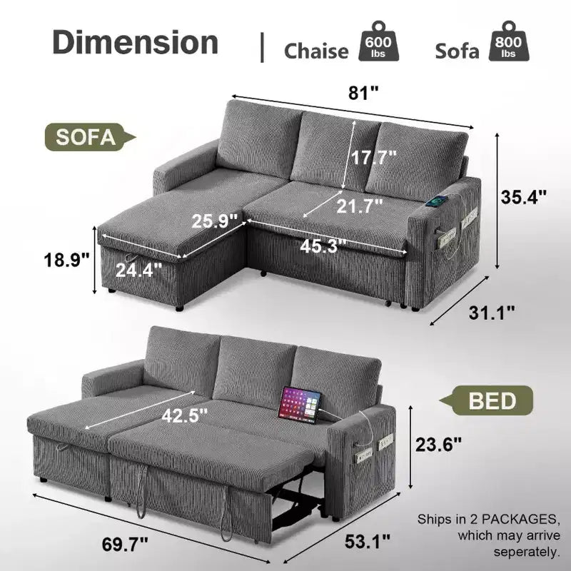 Dyonery 2-in-1 Schlafsofa ausziehbar mit Stauraum-Recamiere, Cord-Ecksofa mit USB-Anschlüssen für das Wohnzimmer
