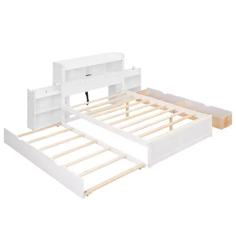 Plattformbett in voller Größe mit Stauraum, Ausziehbett, Kopfteil mit Bücherregal und Ladestation, Bettgestell aus Holz in voller Größe mit Regalen und Schubladen