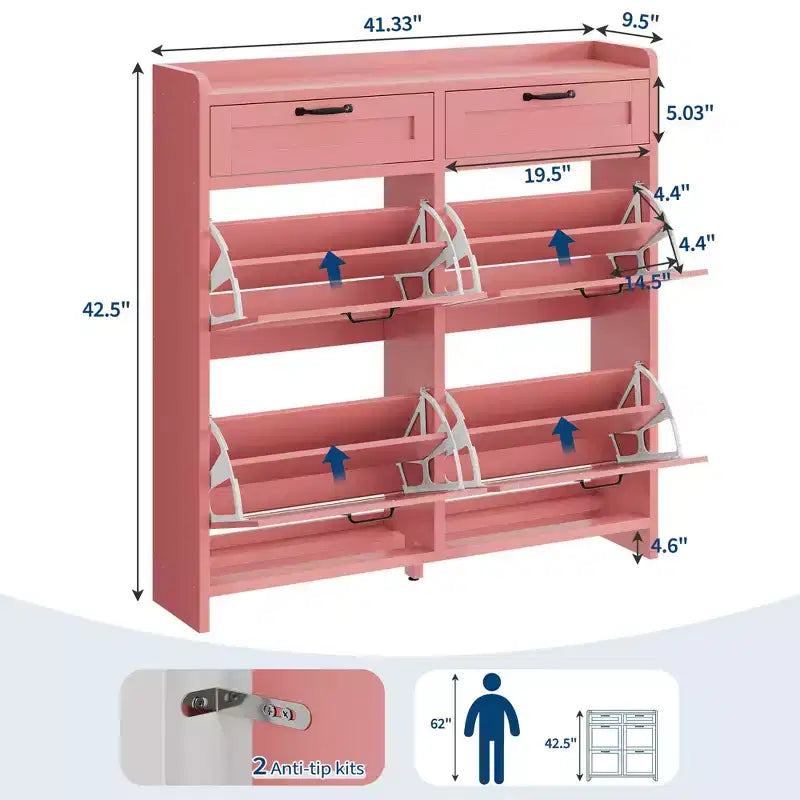 Schuhschrank mit 4 Klappfächern und 2 oberen Schubladen, Schuh-Organizer-Schrank aus Holz mit verstellbarem Regal, freistehende Schuhaufbewahrungsschränke