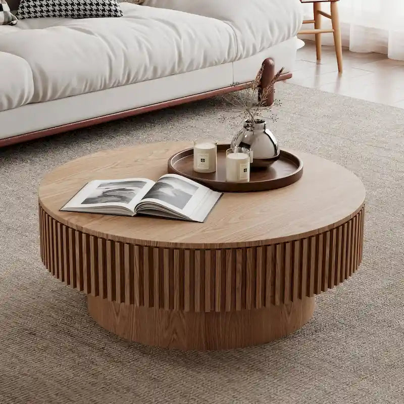 Moderner runder Couch-/Teetisch aus massivholzfurniertem Holz mit Stauraum