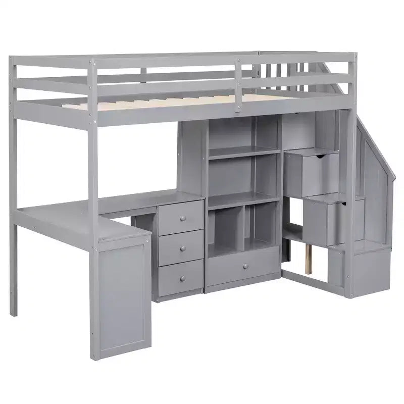 Hochbett in Twin-Größe mit L-förmigem Schreibtisch, 3 Schubladen, Schrank, Treppenstauraum, aus massivem Kiefernholz/MDF gefertigt