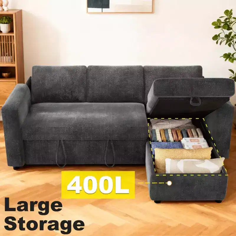 2-in-1 Schlafsofa zum Ausziehen mit Stauraum-Recamiere, Chenille-Ecksofa mit USB-Anschlüssen für das Wohnzimmer