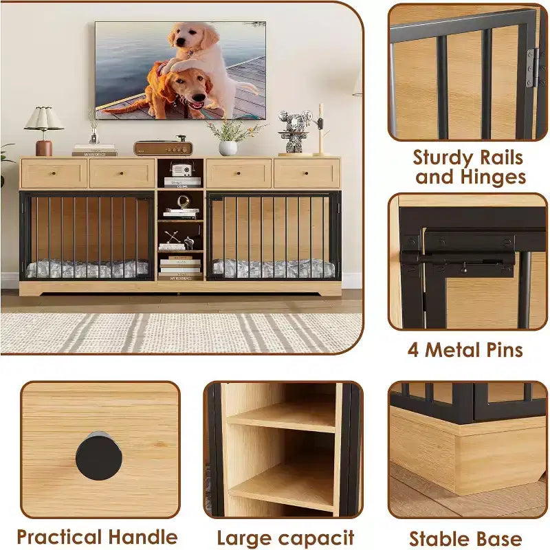 82" Doppel-Hundebox Möbel, großer Hundezwinger für 2 Hunde, robuster TV-Ständer aus Holz mit 4 Schubladen und Regalen