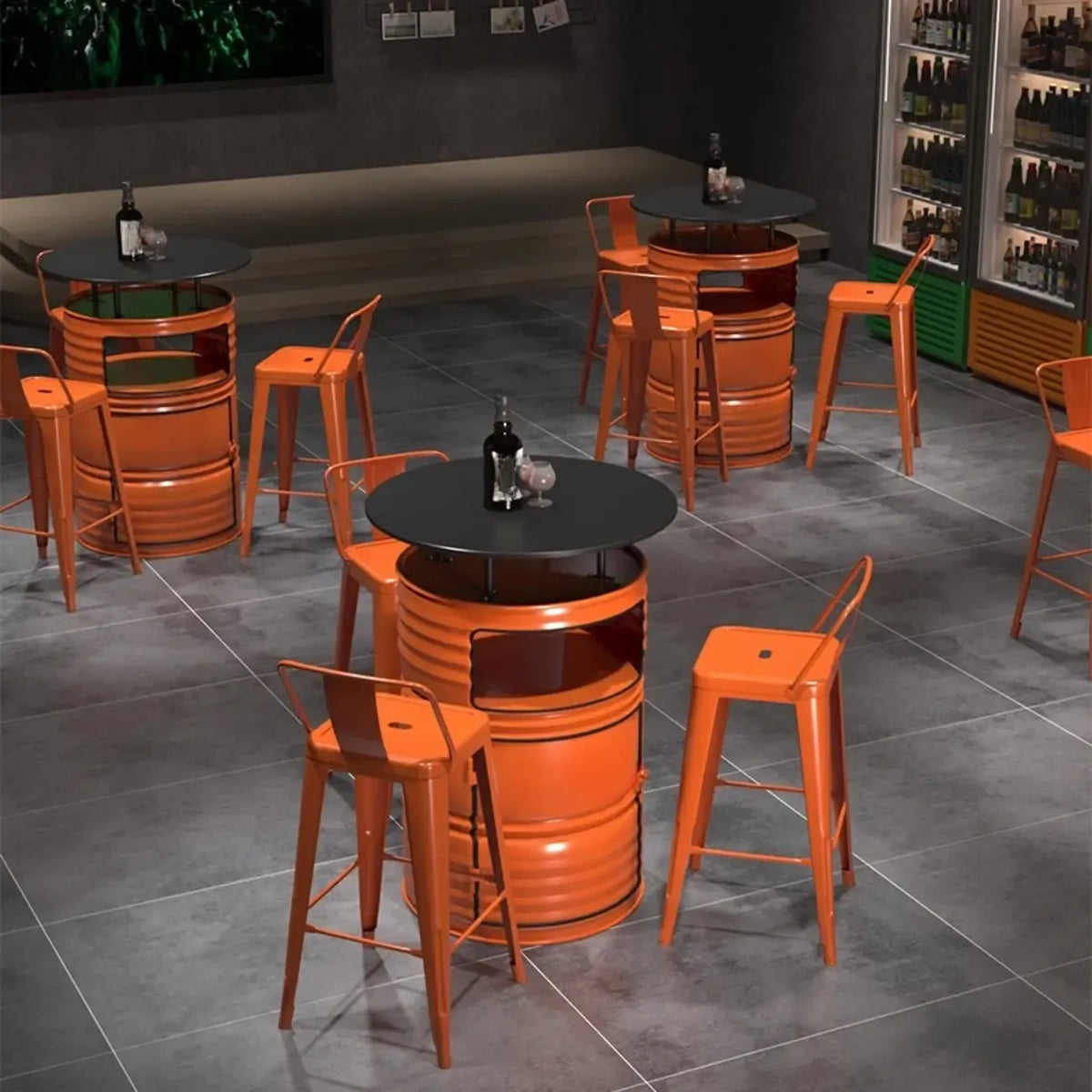 Industrielle schwarze, orangefarbene Metallfass-Stehtische