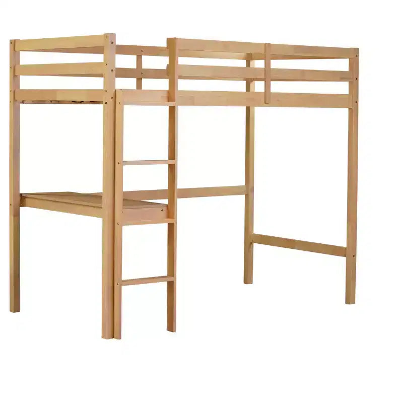 Okak Minimalism Hochbett mit Leiter, Hochbett aus Kautschukholz mit Sicherheitsgeländer und integriertem Schreibtisch, Bettrahmen für Kinder, Jugendliche