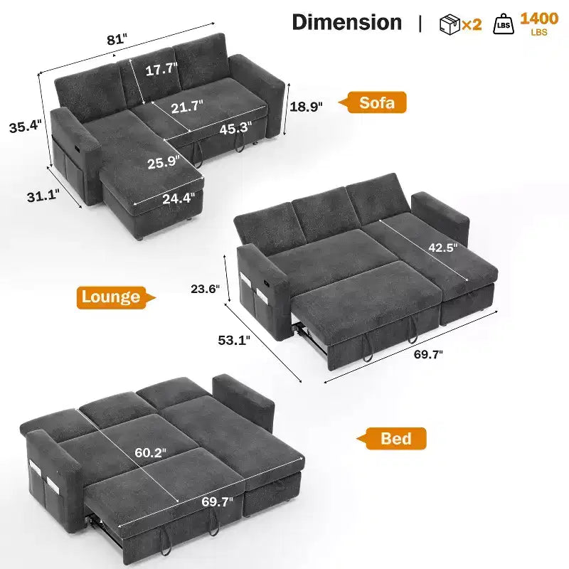 Dyonery 81 Sektional-Schlafsofa, L-förmige Ausziehcouch mit beidseitigem Stauraum, USB, verstellbare Rückenlehne