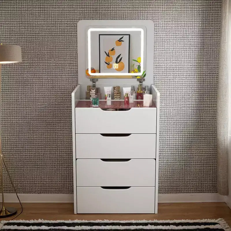 Okak 3-in-1 Schminktisch mit Klappspiegel, kompakter Waschtisch mit sichtbarer Glasplatte und gepolstertem Hocker, Schminktisch für das Schlafzimmer