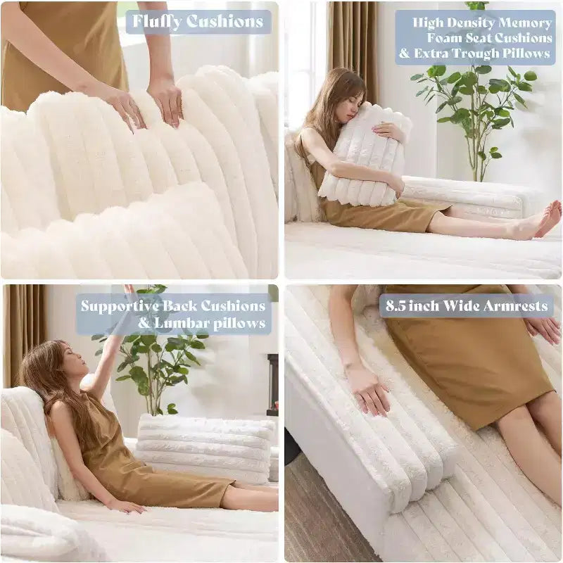 AMERLIFE 93 Doppel-Récamiere-Sofa für Zwei, tiefes Cloud-Sofa mit Lendenkissen & breiten Armlehnen, einfache Montage, Kunstfell