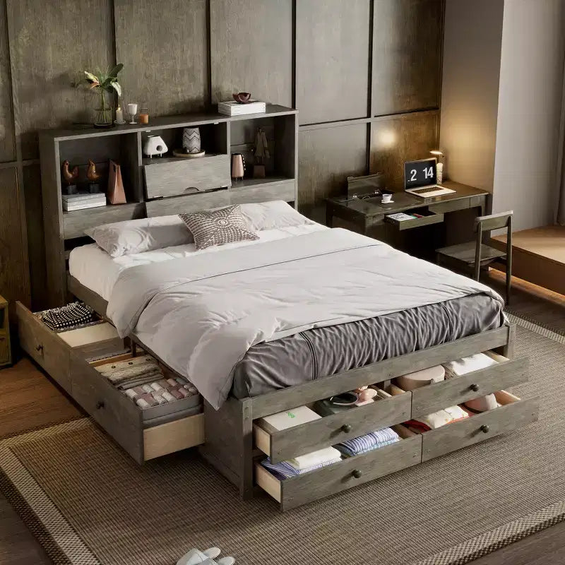 Doppelbett mit Ablagefach und 8 Schubladen, einfache Montage
