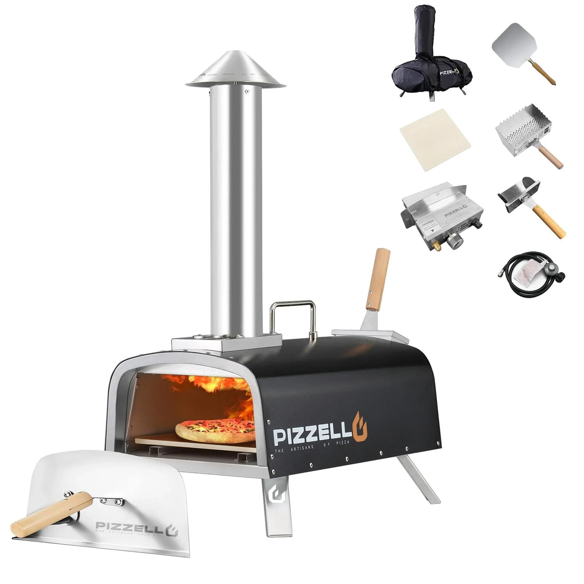 Multi-Brennstoff Outdoor Pizzaofen Steinbackofen mit Gasbrenner & Holzfach - 30 cm
