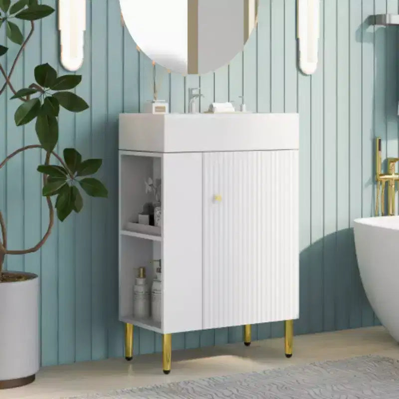 21.6 weißer Badezimmer-Waschtisch, Kombi-Schrank, Badezimmerschrank, Einzelkeramikwaschbecken, Stauraum auf der linken Seite