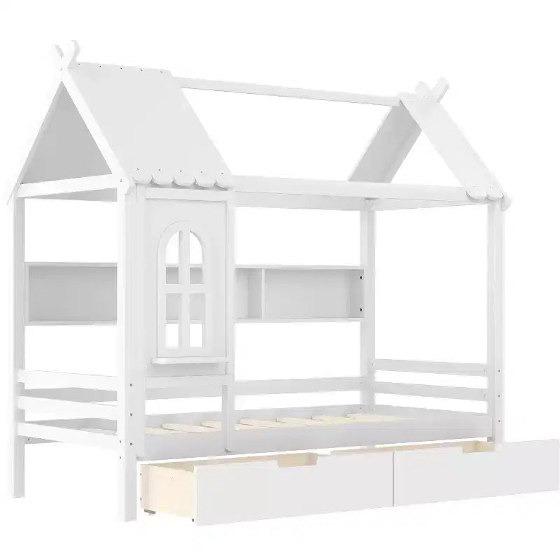 Haus-Plattformbett mit Aufbewahrungsschubladen und Fenster, Massivholzrahmen mit Regalen, kindgerechtes, lustiges Design, Hellweiß