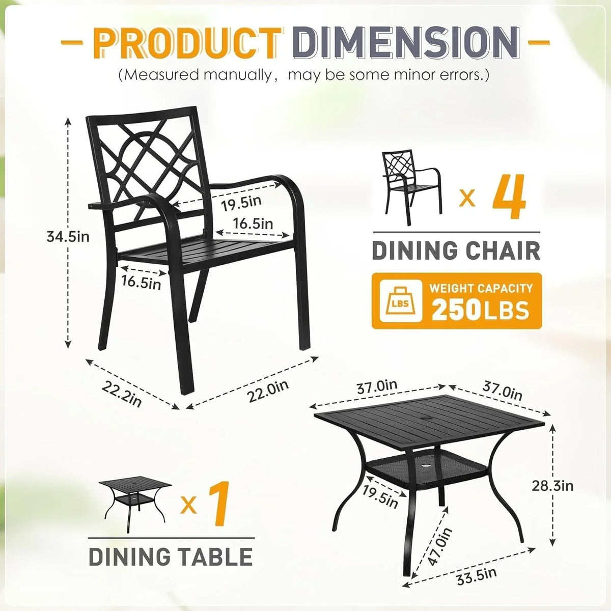 SUNCROWN Garten-Essgruppe 5/7-teilig, Stahl, Tisch mit Metalllatten und stapelbaren Stühlen, pulverbeschichteter Rahmen
