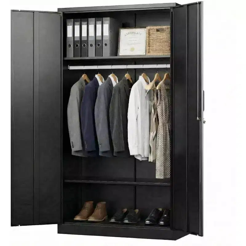 72 Zoll Kleiderschrank mit Schloss, schwarzer Metall-Garagenschrank mit verstellbaren Einlegeböden und Kleiderstange, Metallschrank für Zuhause, Schlafzimmer