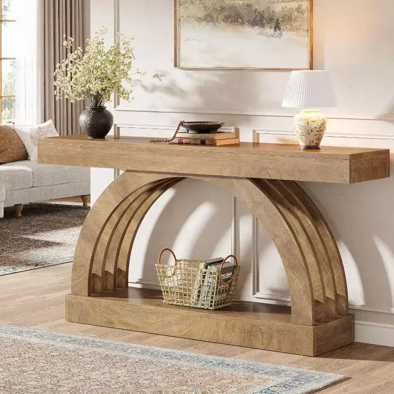 Lantine 63 Zoll Konsolentisch, 2-stöckiger Sofatisch für hinter das Sofa, schmaler einzigartiger Konsolentisch im Landhausstil mit Bogen für Flur, Wohnzimmer, Eingangsbereich, Natur