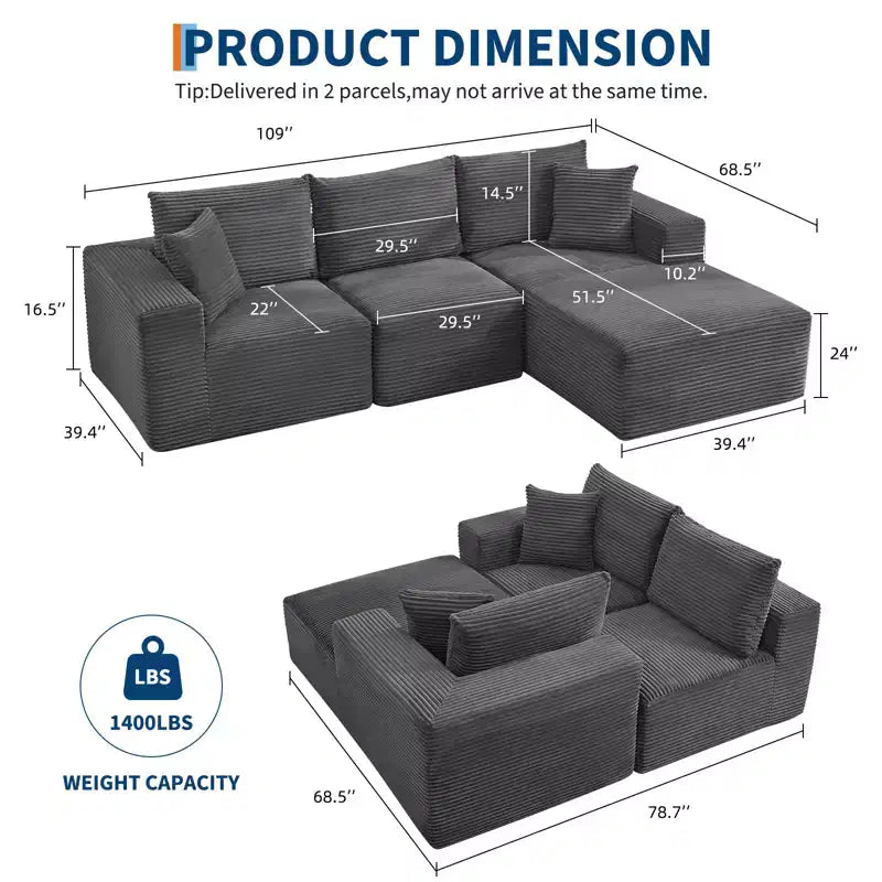 108 Modernes Sofa, 3-Sitzer Polster Ecksofa mit Kissen, Tiefes Sofa, Keine Montage Erforderlich
