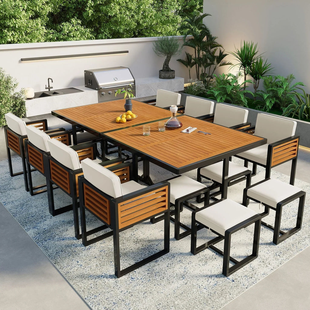 18-teiliges Terrassen-Essgruppen-Set aus Akazienholz, 8 gepolsterte Stühle & 8 Hocker & 2 quadratische Tische