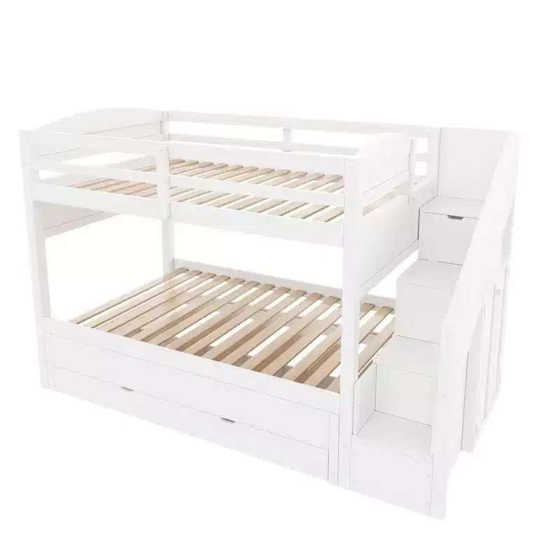 Whisen Twin XL Etagenbett mit Ausziehbett, Etagenbett mit Stauraum, Etagenbett aus Massivholz, Treppe mit Stauraum, Kleiderschrank, 3 Schubladen, für Kinder