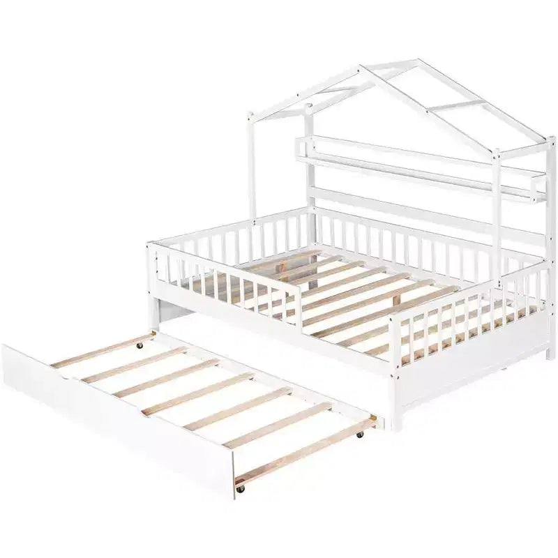 Acekool Hausbett in voller Größe mit ausziehbarem Doppelbett, Schubladen und Regalen, Dach und Zaun, Kinderplattformbett, Weiß