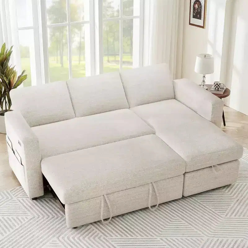 2-in-1 Schlafsofa zum Ausziehen mit Stauraum-Recamiere, Chenille-Ecksofa mit USB-Anschlüssen für das Wohnzimmer