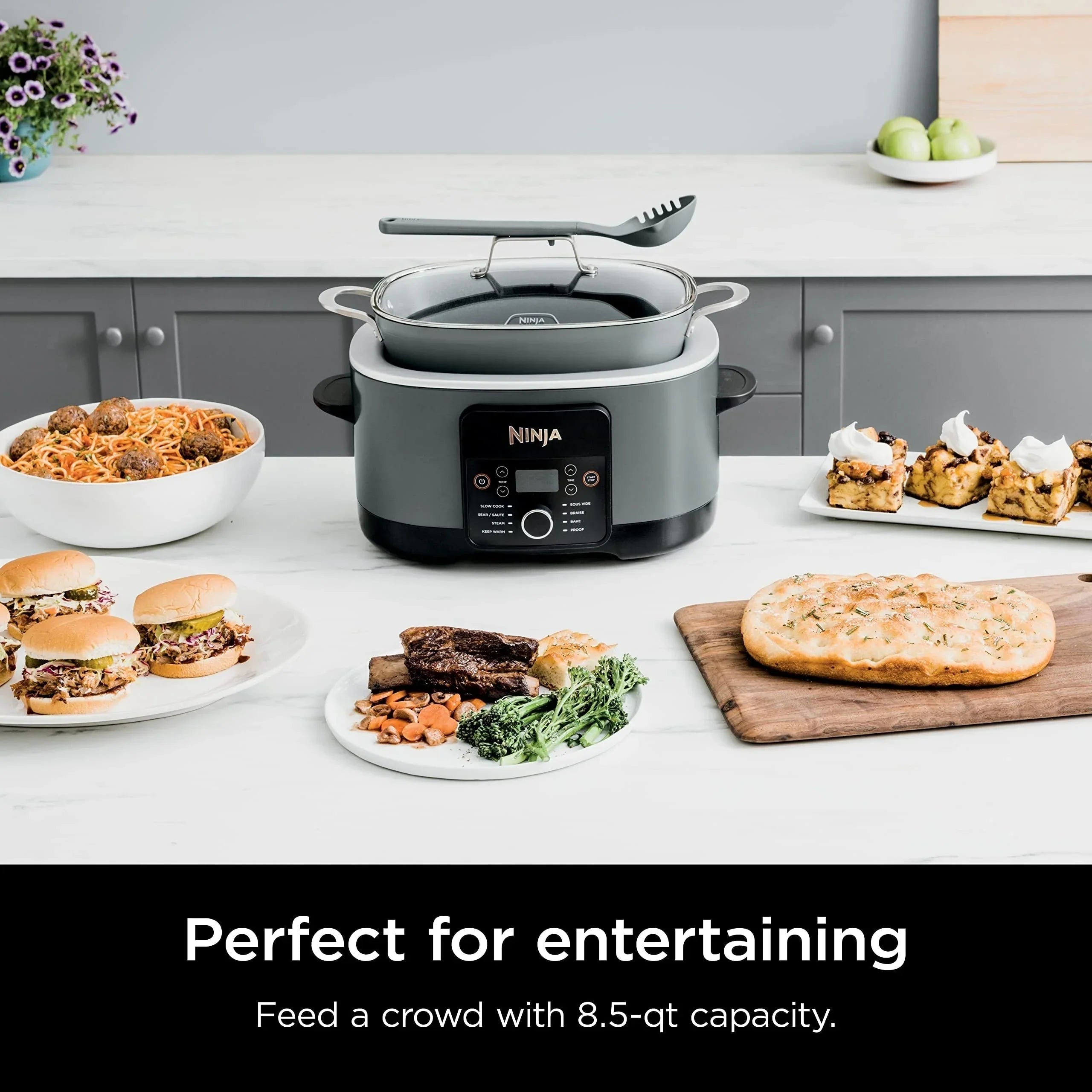 8,5 Liter Multi-Kochtopf, 8-in-1, mit Slow Cooker, Bratentopf, Dampfgarer, Glasdeckel, integriertem Löffel, ofenfest bis 260°C