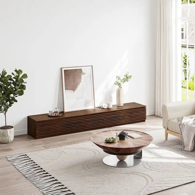 Minimalistischer TV-Ständer mit Schubladen, Massivholz-Medienkonsole mit Schränken, Klapptür, Nussbaumfurnier, fertig montiert