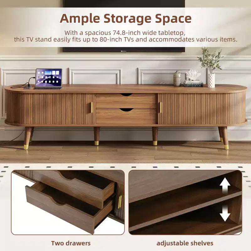CLIHOME TV-Schrank und Couchtisch-Set aus Holz im Farmhouse-Stil mit Ladestation, ovales, gerilltes Medienboard für Fernseher bis 80 Zoll