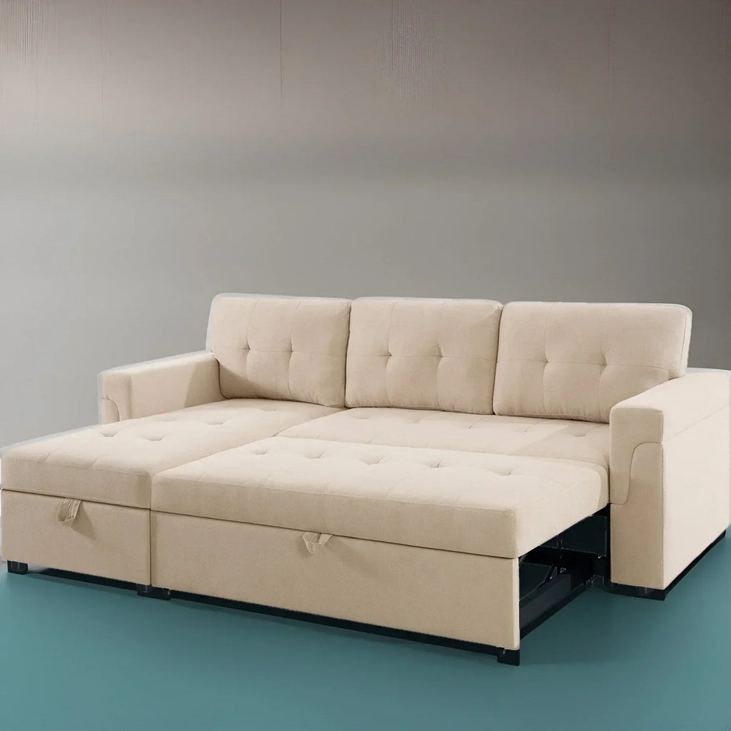 Verwandelbares, umbaubares Ecksofa mit ausziehbarem Schlafsofa, versteckter Aufbewahrung in der Récamiere und robusten Beinen