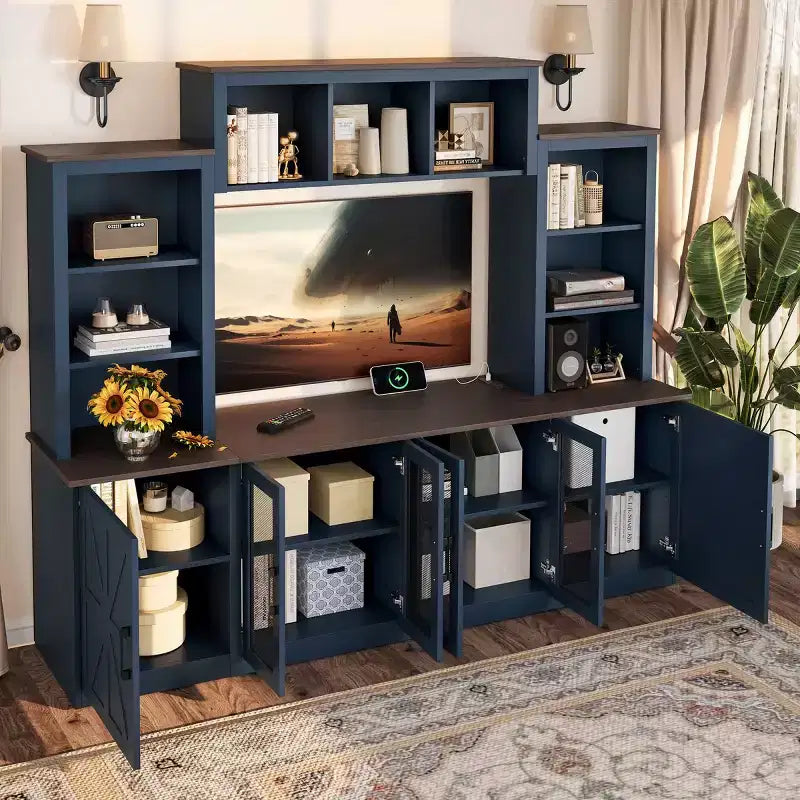 Moderner TV-Ständer für 55-Zoll-Fernseher mit Ladestation, Medienkonsole mit großen Aufbewahrungsschränken, Entertainment-Center für das Wohnzimmer-Panipeachy