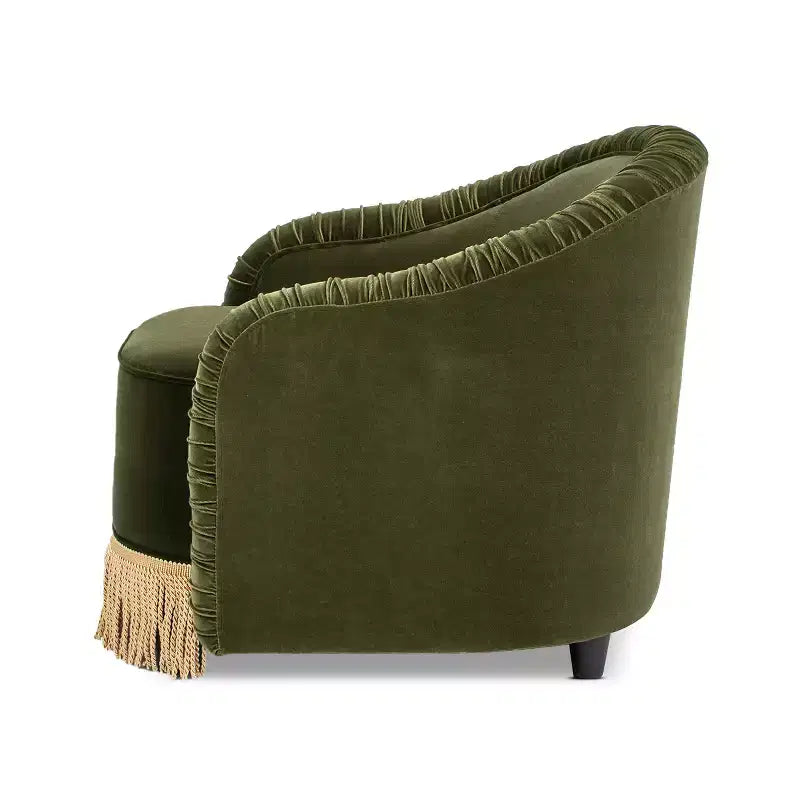 Jennifer Taylor Home Serena 31.5 Ruched Barrel Back Akzentsessel mit Bullion-Fransen, olivgrüner Performance-Samt