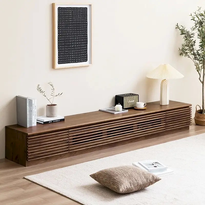 Minimalistischer TV-Ständer mit Schubladen, Massivholz-Medienkonsole mit Schränken, Klapptür, Nussbaumfurnier, fertig montiert