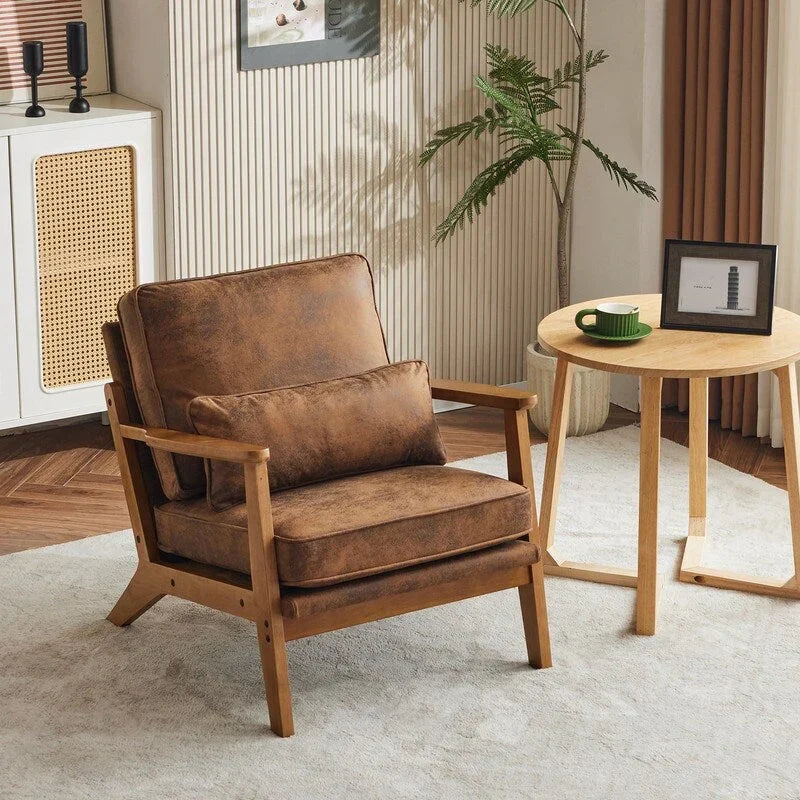 Polster-Akzentsessel aus Leinenmischgewebe mit Holzbeinen und einem Kissen, Beige