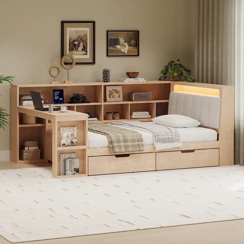 L-förmiges Holzsofa-Tagesbett mit Schreibtisch, Bücherregal, Eckbett mit Schubladen unter dem Bett, gepolstertem Kopfteil und integrierter Beleuchtung