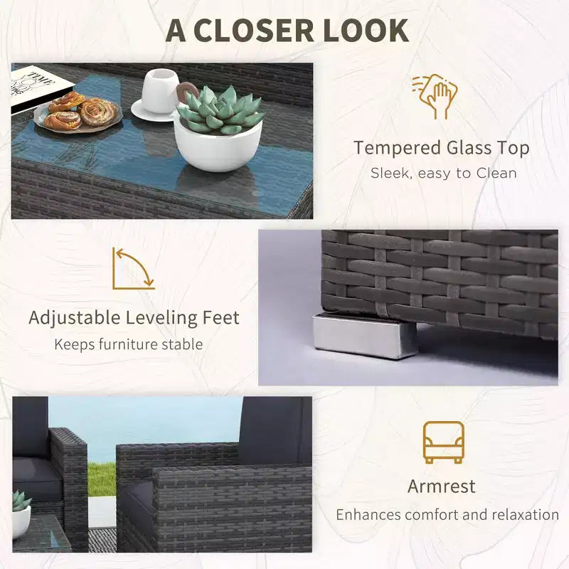 4-teiliges Rattan-Sofa-Set, Korbsessel-Set mit Zweisitzer, Couchtisch mit Glasplatte für Garten und Außenbereich