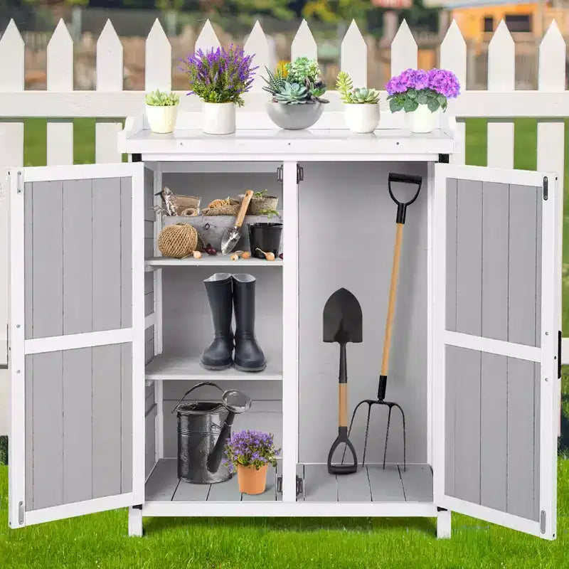 Gartenschrank, Pflanztisch – Wasserdichte Gartenarbeitsstation aus Holz mit verzinkter Tischplatte, verstellbaren Regalböden für Garten/Terrasse/Rasen